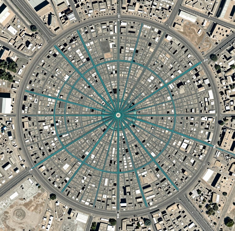 Top-down high-resolution satellite mapping of Erbil's circular road grid overlayed with sharp teal cartographic lines, bright daylight, technical aesthetic.