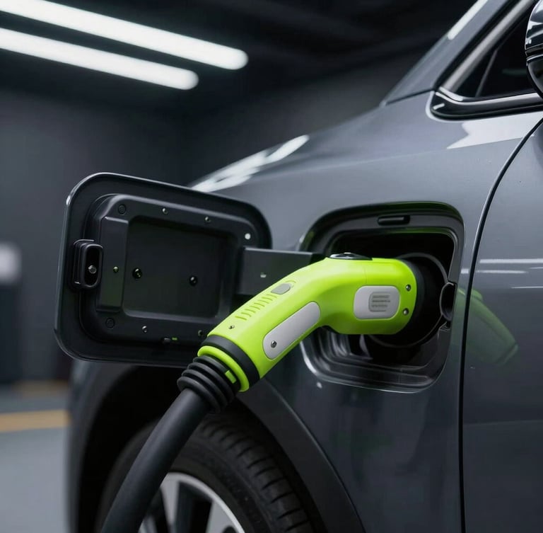 Macro shot of a professional EV charging connector plugged into a premium electric car, high-contrast dark garage lighting, sharp neon green accents, 35mm