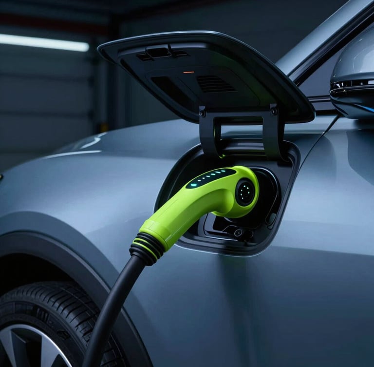 Moody automotive photography, close-up of premium EV charging port with glowing LED indicators, cool blue ambient light mixed with sharp neon green accents, 35mm