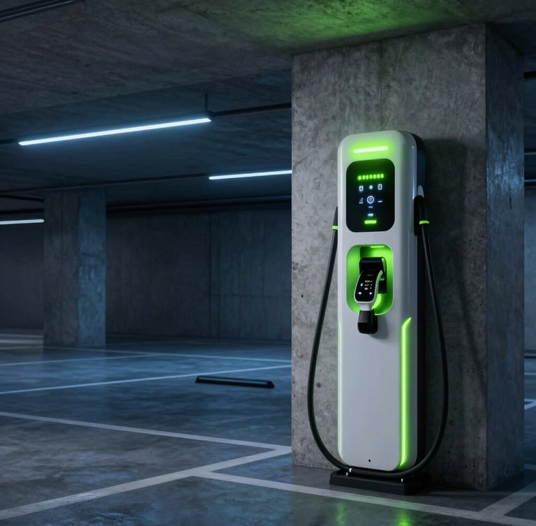 Sleek modern electric vehicle charging in a high-tech concrete garage, glowing LED indicator on the charger, cool blue ambient lighting, sharp neon green details, 35mm photography