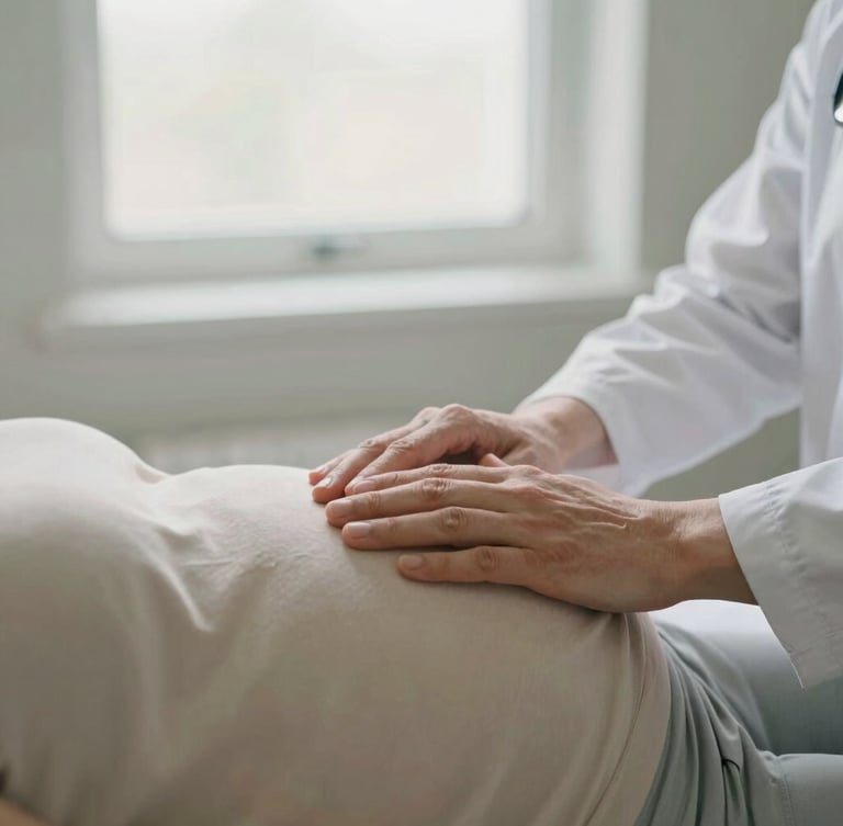 Close-up of a perinatologist's hands gently guiding an expectant mother's hand on her abdomen during a consultation, soft natural window light, muted sage and cream tones, intimate framing, professional, shallow depth of field.