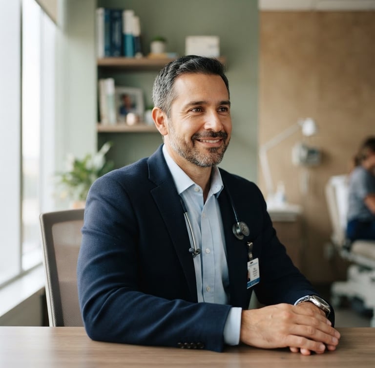 Professional portrait of Dr. Alejandro Méndez, a warm, empathetic male doctor in a modern, calm clinical setting, soft natural window light, muted sage and cream tones, shallow depth of field, professional, looking towards the right side of the frame, soft smile.