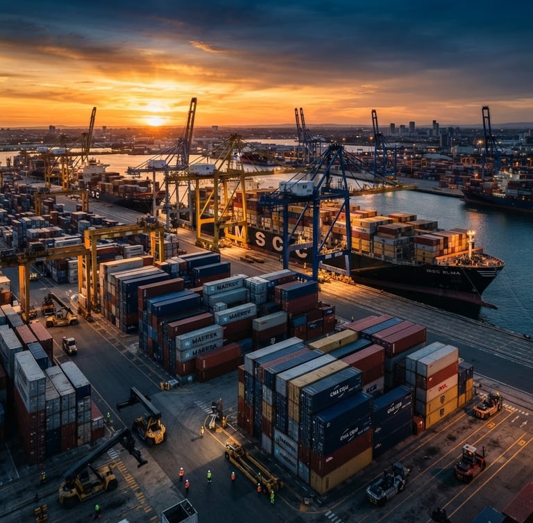 Industrial shipping port at dramatic golden hour, massive cargo ships, steel containers, high contrast daylight, deep navy tones