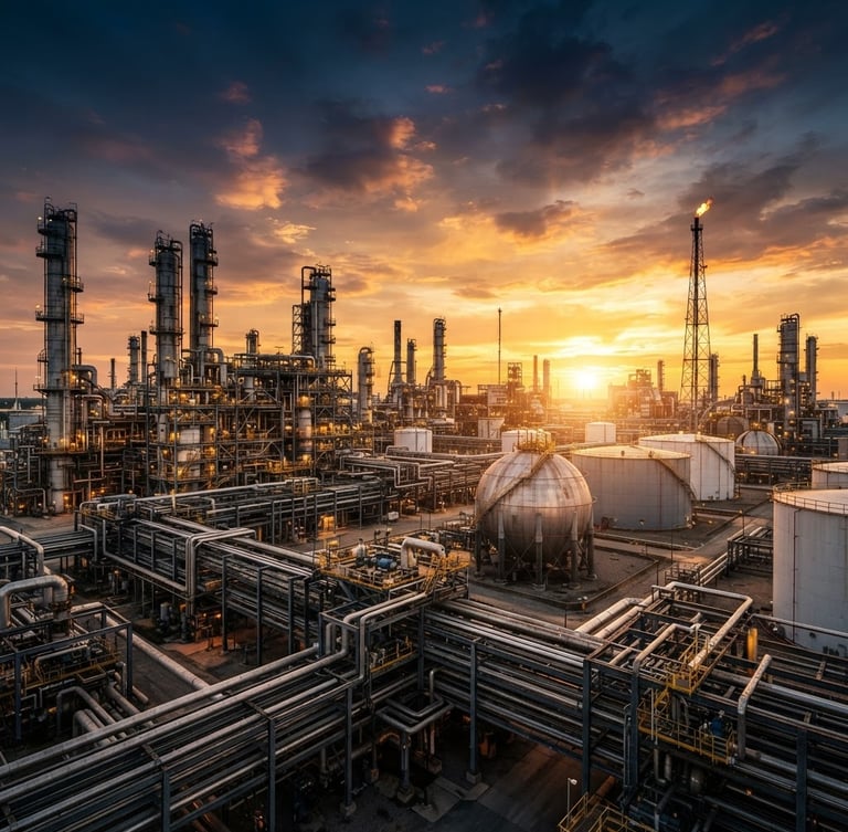Dramatic industrial oil refinery at sunset, steel towers, pipes, and massive storage tanks, warm golden light reflecting on metallic surfaces, wide-angle cinematic shot