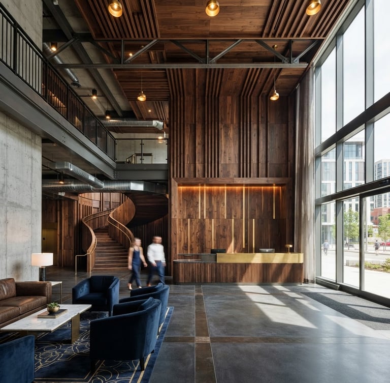 Dramatic industrial photography of completed architectural woodwork inside a modern luxury hotel lobby, warm brass accents, deep walnut textures, crisp daylight, wide-angle lens, high detail