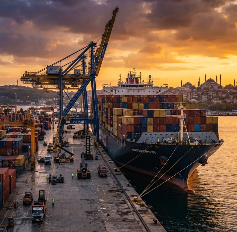 Dramatic industrial golden hour shot of a cargo ship at a Turkish port, steel containers stacked, crisp daylight, deep navy and steel tones, wide-angle lens, high detail.