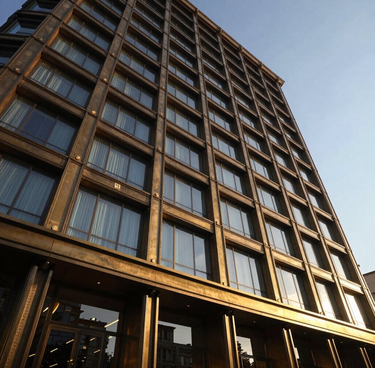 Dramatic architectural detail of a luxury business hotel facade in Turkey at golden hour, warm brass lighting reflecting on steel and glass, professional wide-angle shot