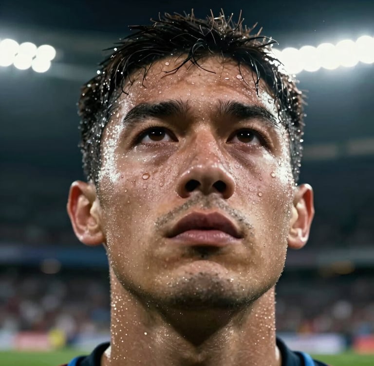 Extreme macro close-up of an athlete's face covered in sweat droplets, high-contrast dramatic key light, moody stadium background, raw cinematic feel