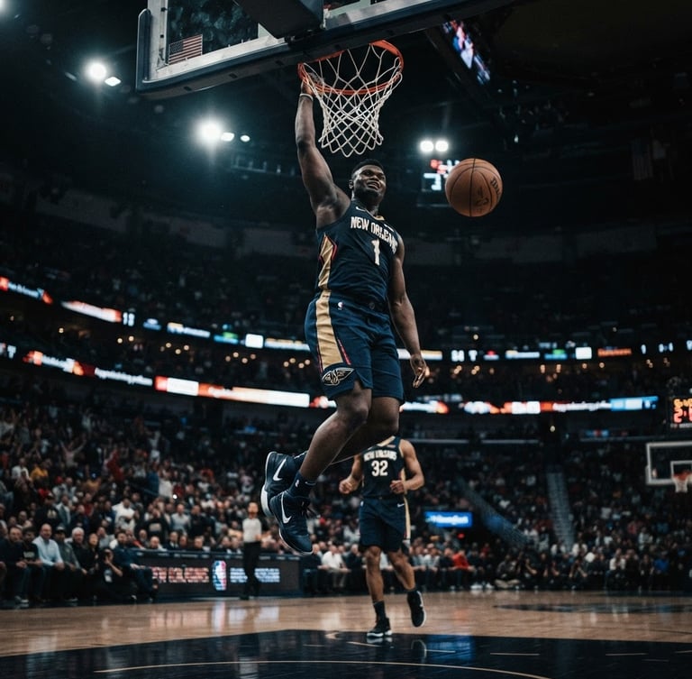Low-angle dynamic shot of a basketball player dunking under moody stadium floodlights, motion blur, dramatic key light, cinematic sports photography.