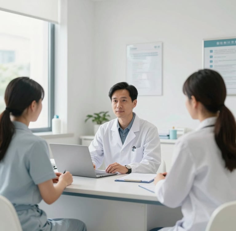 Clean, modern localized medical clinic interior with professional clinical setup, bright natural daylight, calm and dignified atmosphere, 35mm lens