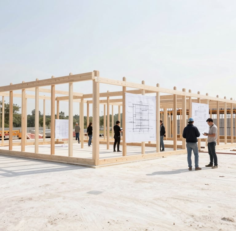 An active community infrastructure project in bright daylight, showing a modern building frame under construction with engineering plans visible, natural light, 35mm lens.