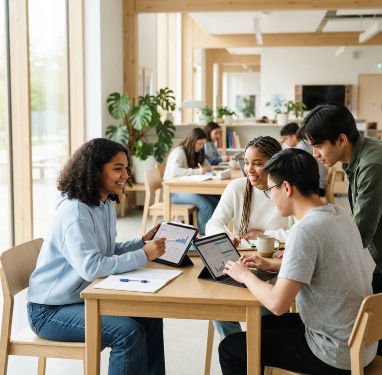 A bright, modern classroom flooded with natural light, where students collaborate around digital tablets, clean composition, high-key tones, 35mm lens.
