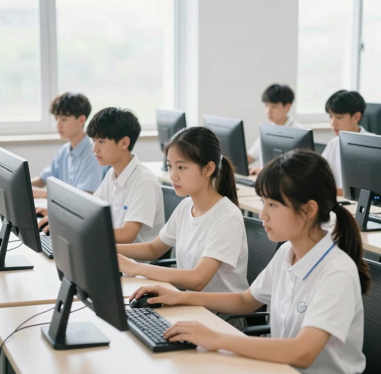 Bright, clean classroom environment with students engaged at computer terminals, soft high-key natural light pouring from side windows, 35mm lens