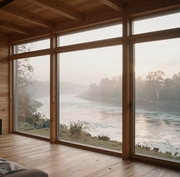 Warm architectural editorial photography of a modern wooden cabin interior, soft morning light streaming through large glass windows overlooking a misty river, 35mm.