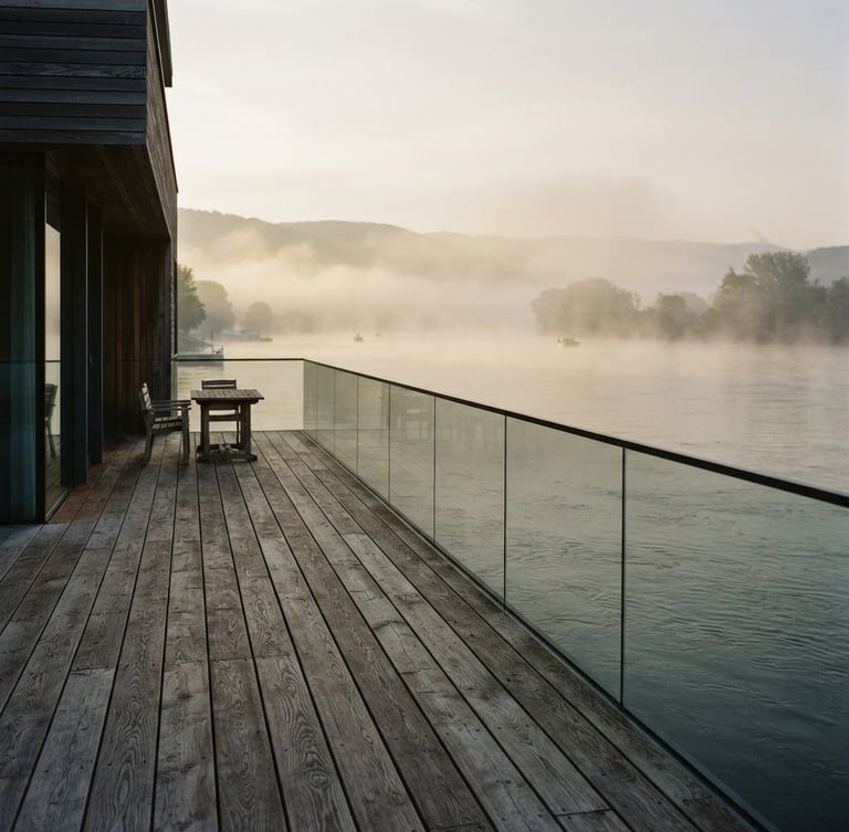 Soft morning light over the Danube river, mist rising from the water, architectural wooden deck of Donauhaus in the foreground, 35mm warm editorial photography