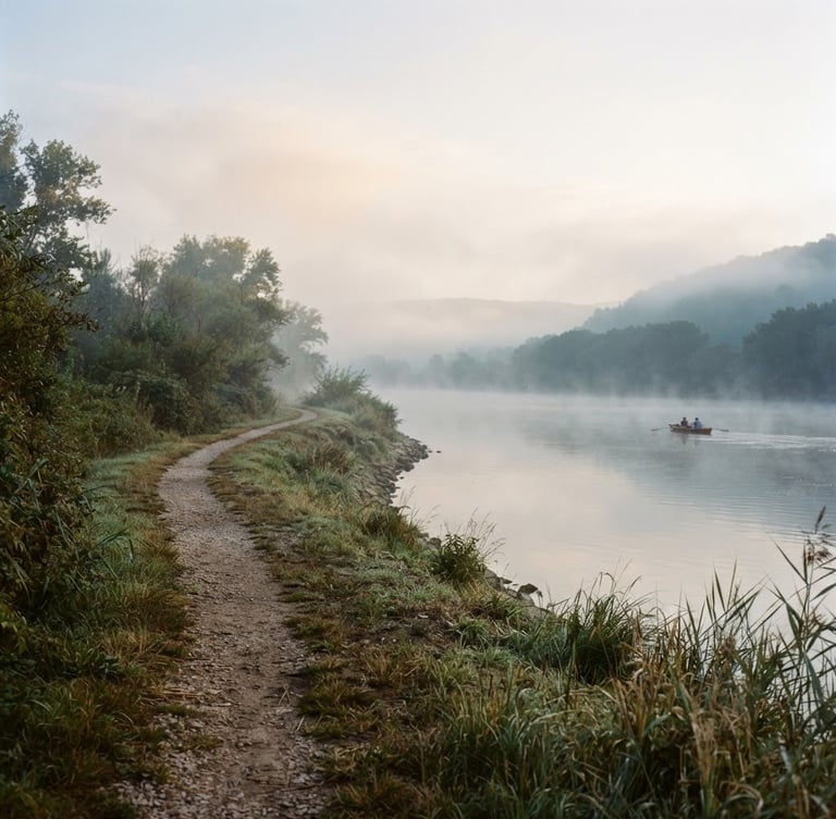 Soft morning mist over the wide Danube river, a narrow gravel path winding along the water edge, warm editorial 35mm photography