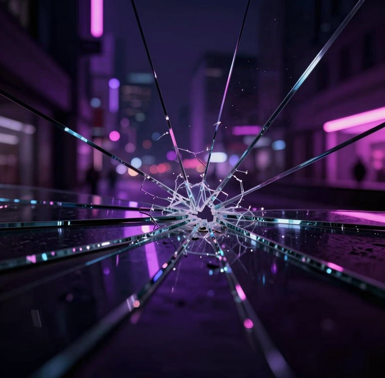 Close-up of fractured glass shards slowly reassembling, with a moody urban nightscape in the background, neon purple and pink lighting, high contrast, cinematic wide-angle.