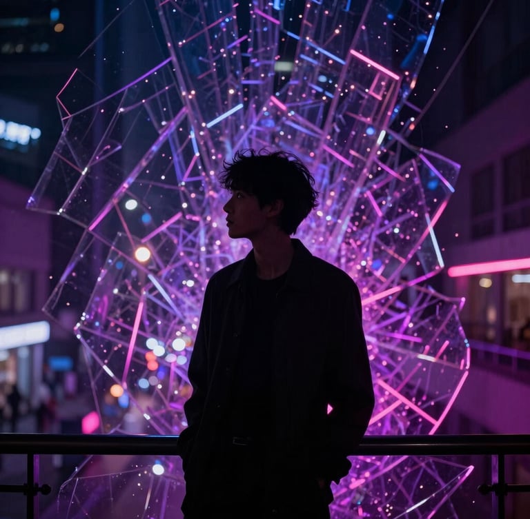 Portrait of a solitary figure in deep thought, silhouetted against a moody urban nightscape with neon purple and pink lights, glass shards reflecting light, cinematic wide-angle, low-key lighting, 35mm lens
