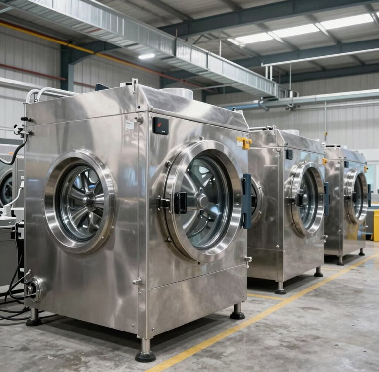 Wide environmental shot of a modern industrial laundry facility with heavy-duty stainless steel washing machines, bright daylight, clean concrete floor.