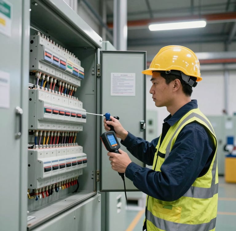 Wide-angle shot of a certified electrician in high-visibility gear inspecting a large commercial breaker panel with a thermal camera, bright industrial lighting.