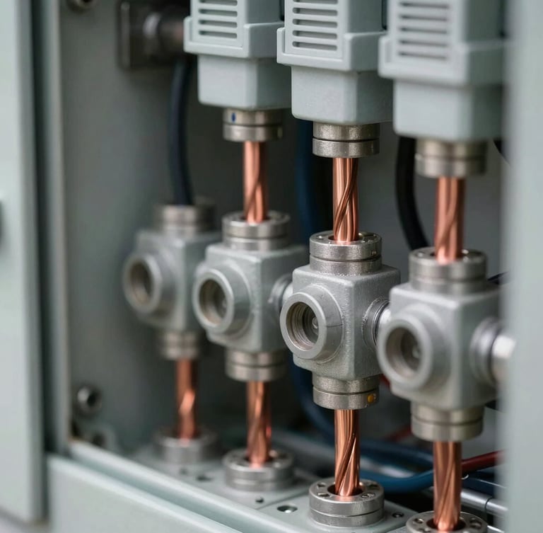 Macro shot of heavy-duty electrical conduits and clean copper wiring inside a newly certified industrial distribution board, sharp daylight.