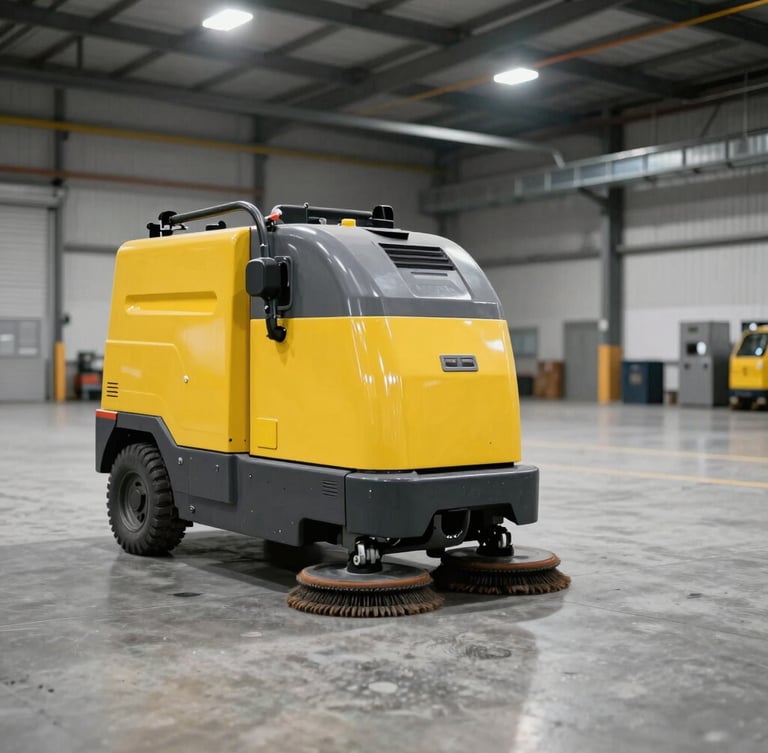 Wide-angle panoramic shot of a heavy-duty industrial floor scrubber operating on a concrete warehouse floor, bright utility lighting, high-visibility yellow details, negative space on the right.