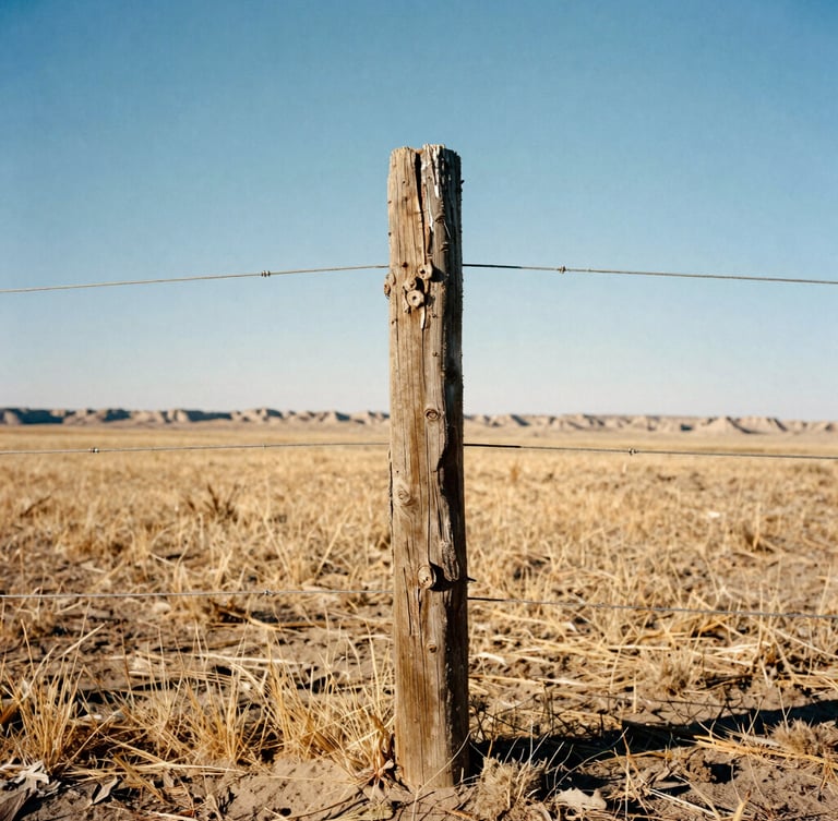 Low-angle 35mm film photograph of a weathered wood fence post on the dry South Dakota plains, high contrast, harsh midday sun.