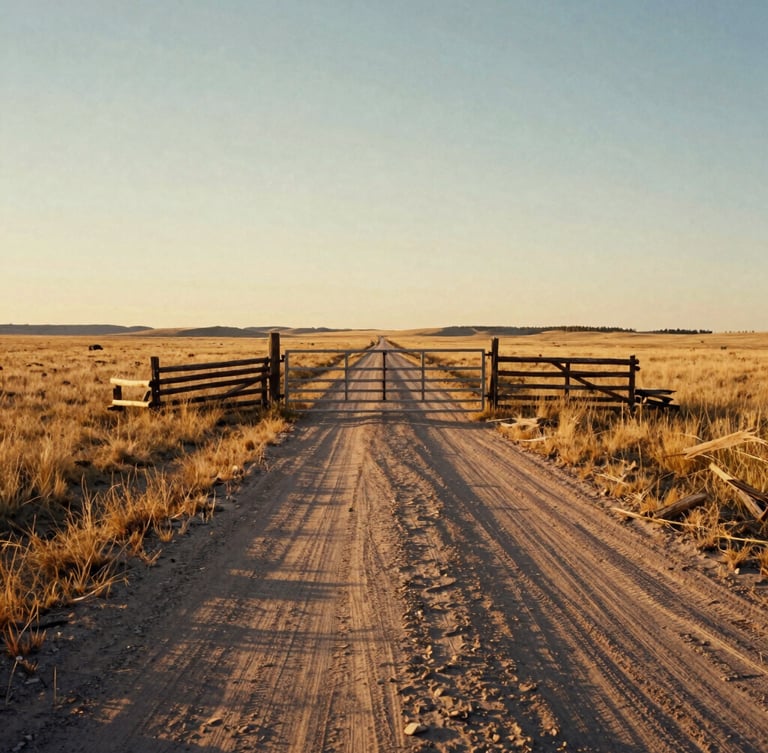 Wide environmental shot of a dusty dirt road winding through dry South Dakota prairie grass toward a rugged timber ranch gate, harsh golden hour sunset casting long shadows, 35mm film style