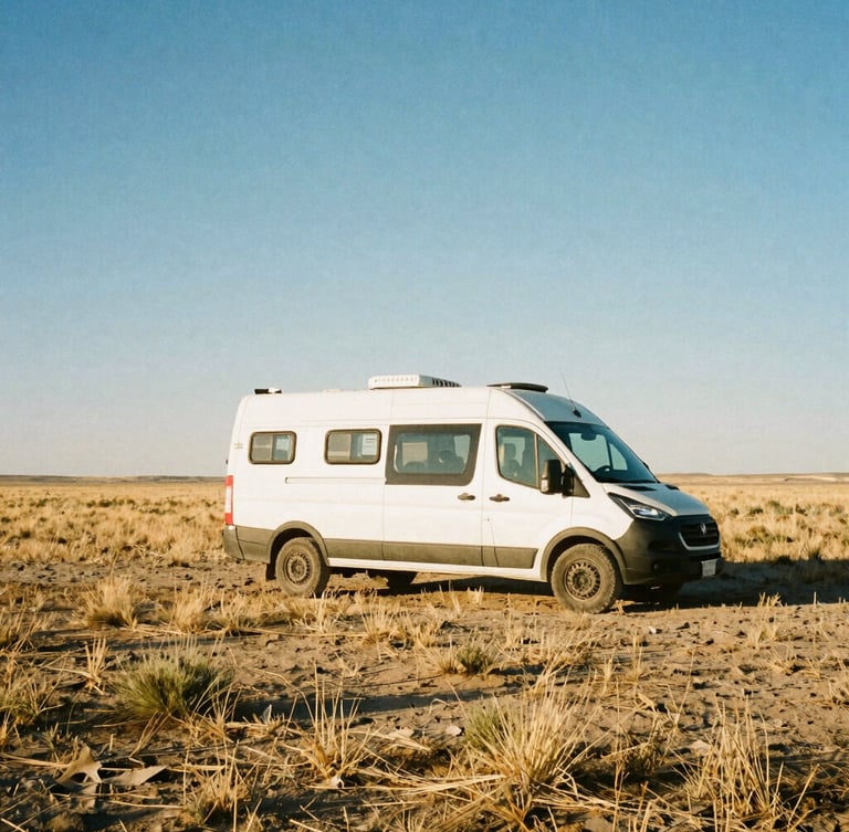 Wide-angle 35mm film shot of a rugged off-grid camper van parked on dry, dusty prairie grass under a harsh midday South Dakota sun, high contrast.