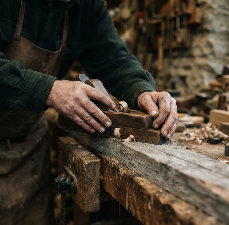 Close-up of a master joiner's hands carefully planing weathered timber, soft overcast UK daylight, shallow depth of field.