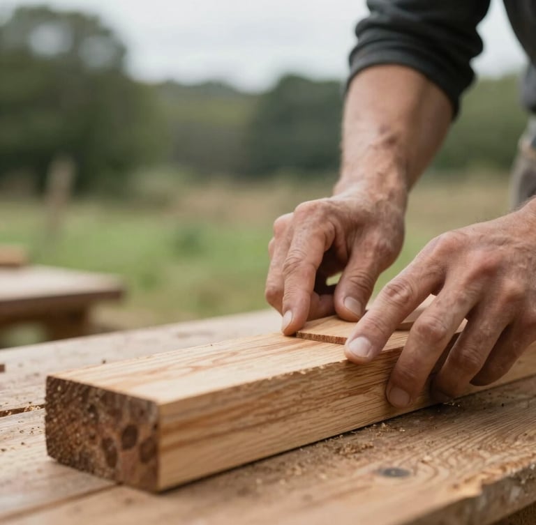 Close-up of a master joiner's hands carefully planing a piece of aged timber, soft natural overcast UK daylight, shallow depth of field, warm wood tones.