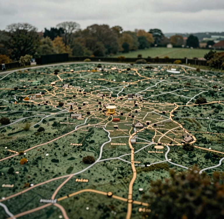 Detailed map of Midlands region highlighting key towns, subtle gold accents on the map markers, natural overcast UK daylight, 35mm editorial heritage photography.