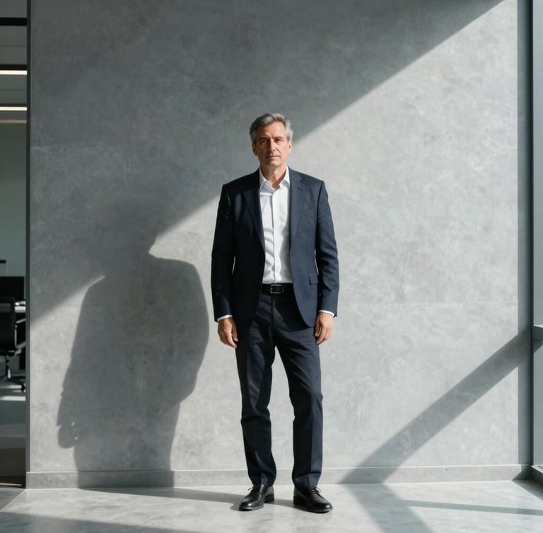 A professional, non-staged portrait of a seasoned male strategist in a modern architectural office, high-contrast daylight, cool slate tones, 35mm.