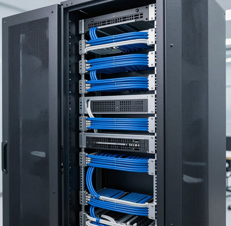 Clean modern server rack with structured cabling, cool-toned industrial lighting, slate gray and technical blue accents, sharp focus, 35mm