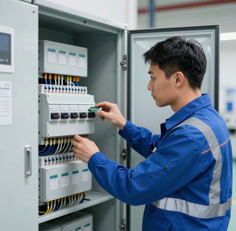 Technician in branded safety gear inspecting a clean industrial electrical panel, structured cabling, cool daylight lighting, sharp focus, 35mm