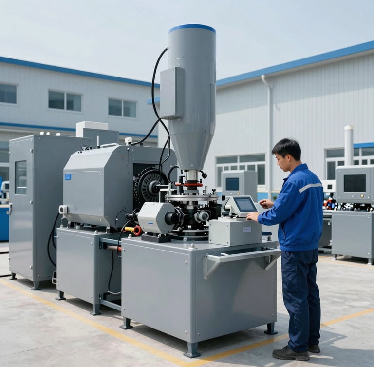 Wide environmental shot of a clean modern industrial facility, technical blue lighting, professional technician inspecting equipment, sharp focus