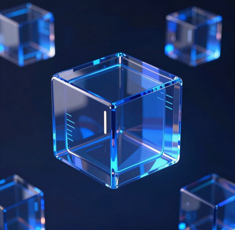 Sleek 3D render of abstract glass data structures, deep blue and neon accents, dark background, cinematic lighting, octane render