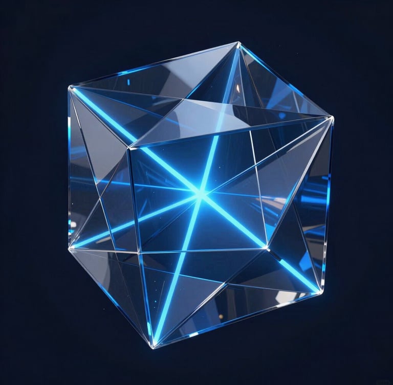 Sleek 3D render of an abstract glass data structure with sharp geometric facets, glowing neon blue light path running through the center, dark navy background, cinematic studio lighting, octane render