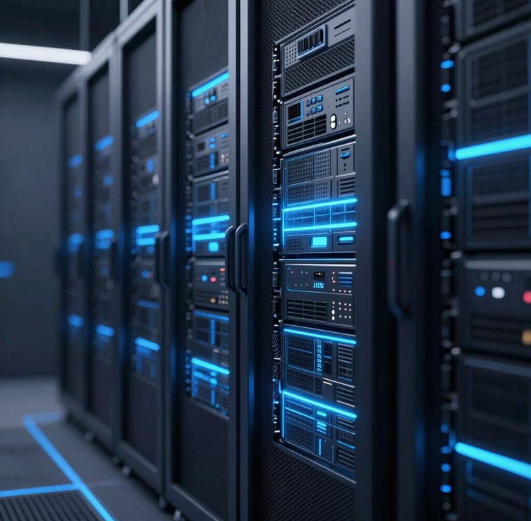Sleek architectural shot of a modern server environment, cool-toned studio light, glowing blue data tracks, cinematic depth of field