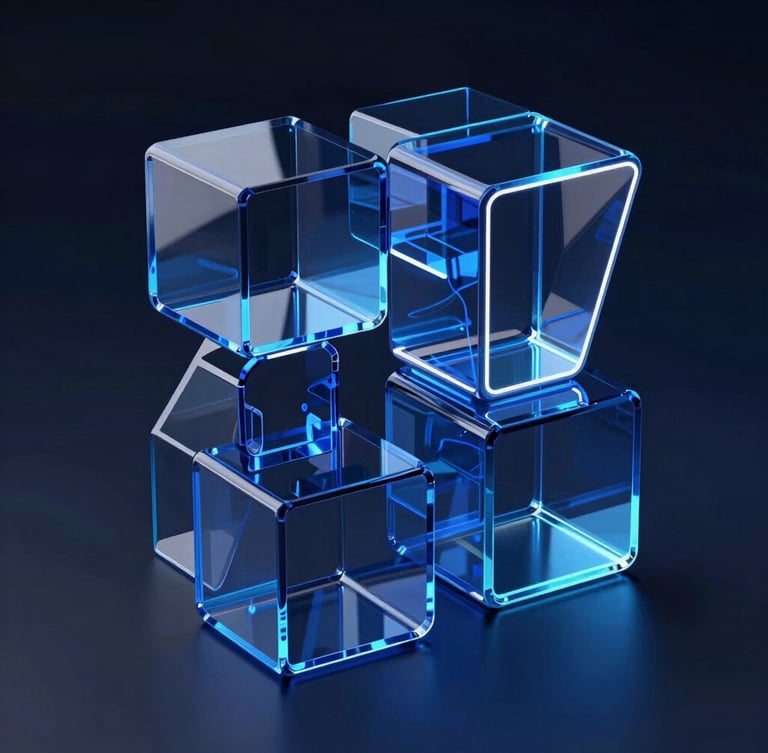 Sleek 3D render of abstract glass data structures, deep blue and neon accents, dark background, cinematic lighting, octane render