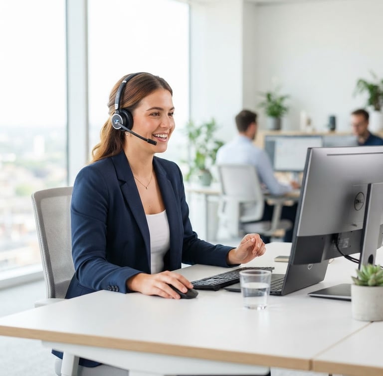Bright, high-key corporate photography of a professional customer support agent with headset in a clean office environment with soft natural window light