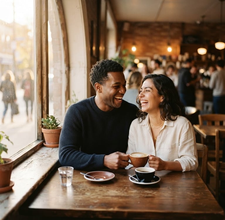 Diverse couple laughing over coffee in a sunlit cafe, warm editorial photography, soft golden-hour window light, muted cream and navy tones, shallow depth of field, 35mm