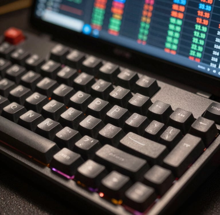Tight macro crop of a trader's mechanical keyboard and a glowing screen showing pre-market volume profiles and levels in low ambient light.