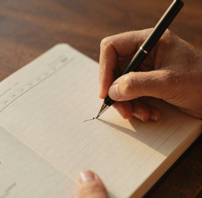 Close-up detail shot of hands writing in a hand-written budget planner, soft golden-hour light, rich earthy tones, 35mm film aesthetic.