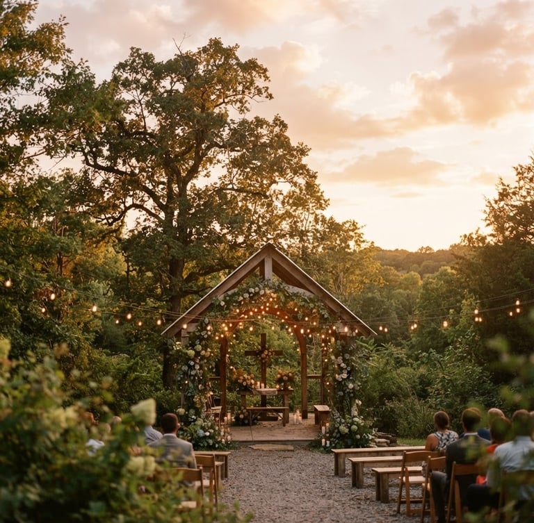 Warm golden-hour photo of a simple outdoor Arkansas chapel, string lights over the altar, natural greenery, soft focus, 35mm film aesthetic, low horizon, expansive sky.