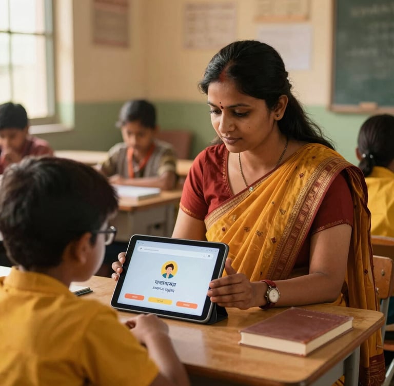 Medium shot of an Indian woman teacher in a bright classroom, helping a student use a tablet with a vernacular learning app, warm natural light, authentic details, focus on engagement.