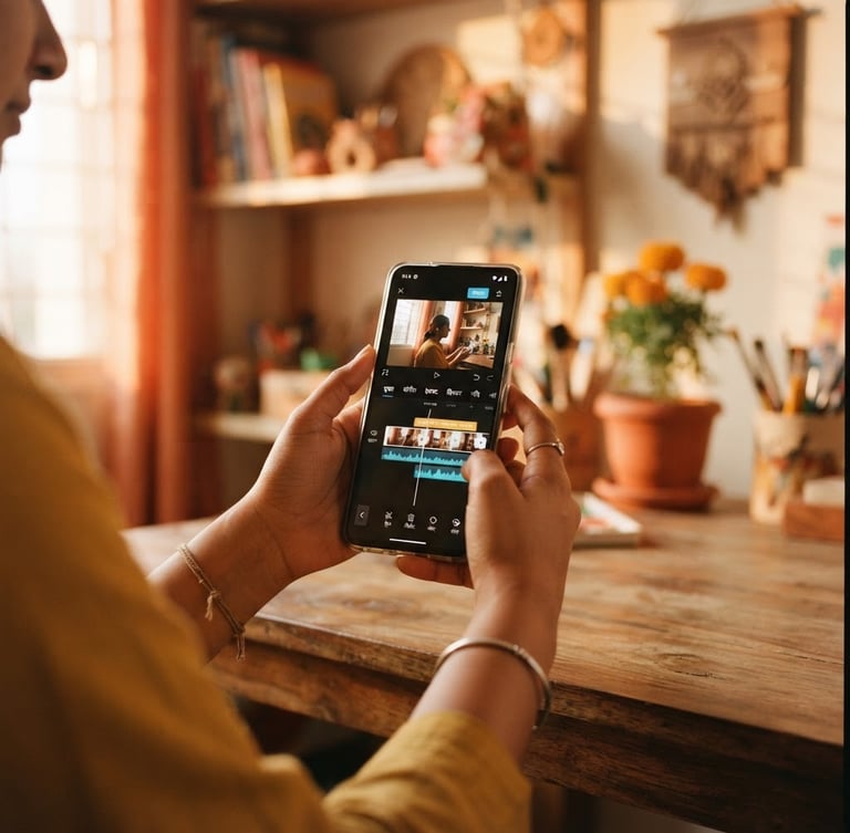 Close-up of an Indian creator's hands holding a smartphone, showing a video editing app with Hindi text, in a home studio with warm natural light.