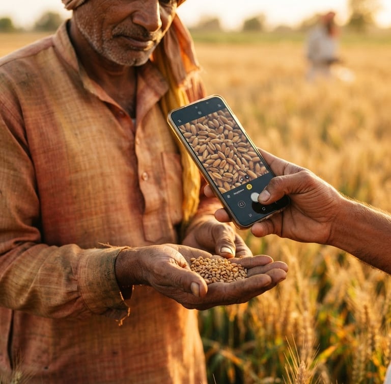 Authentic Indian farmer in a field at golden hour, holding a smartphone to inspect grains, rich terracotta and marigold tones, close-up on hands and phone screen showing UI, natural light.