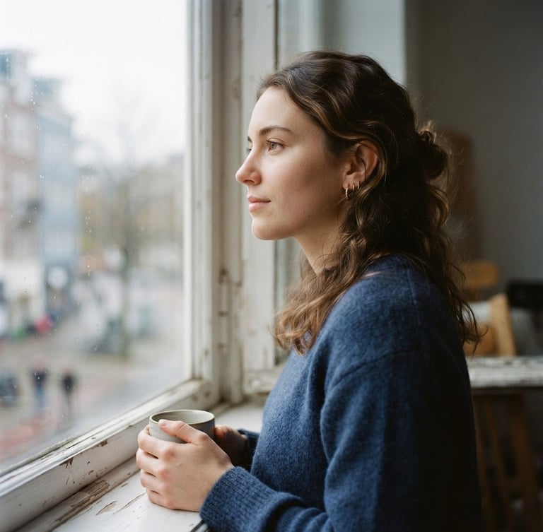 Candid portrait of a young adult looking out of a window with soft overcast daylight, calm expression, intimate shallow depth of field, 35mm photography