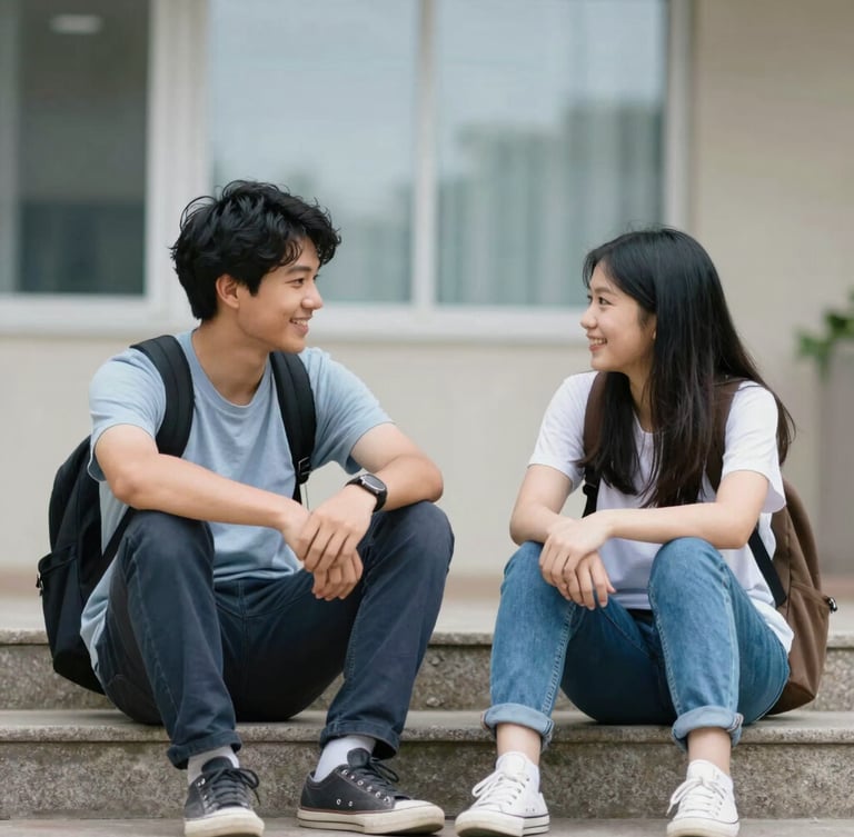 Candid environmental shot of two college students sitting on steps outside, talking warmly, soft natural overcast light, shallow depth of field, 35mm
